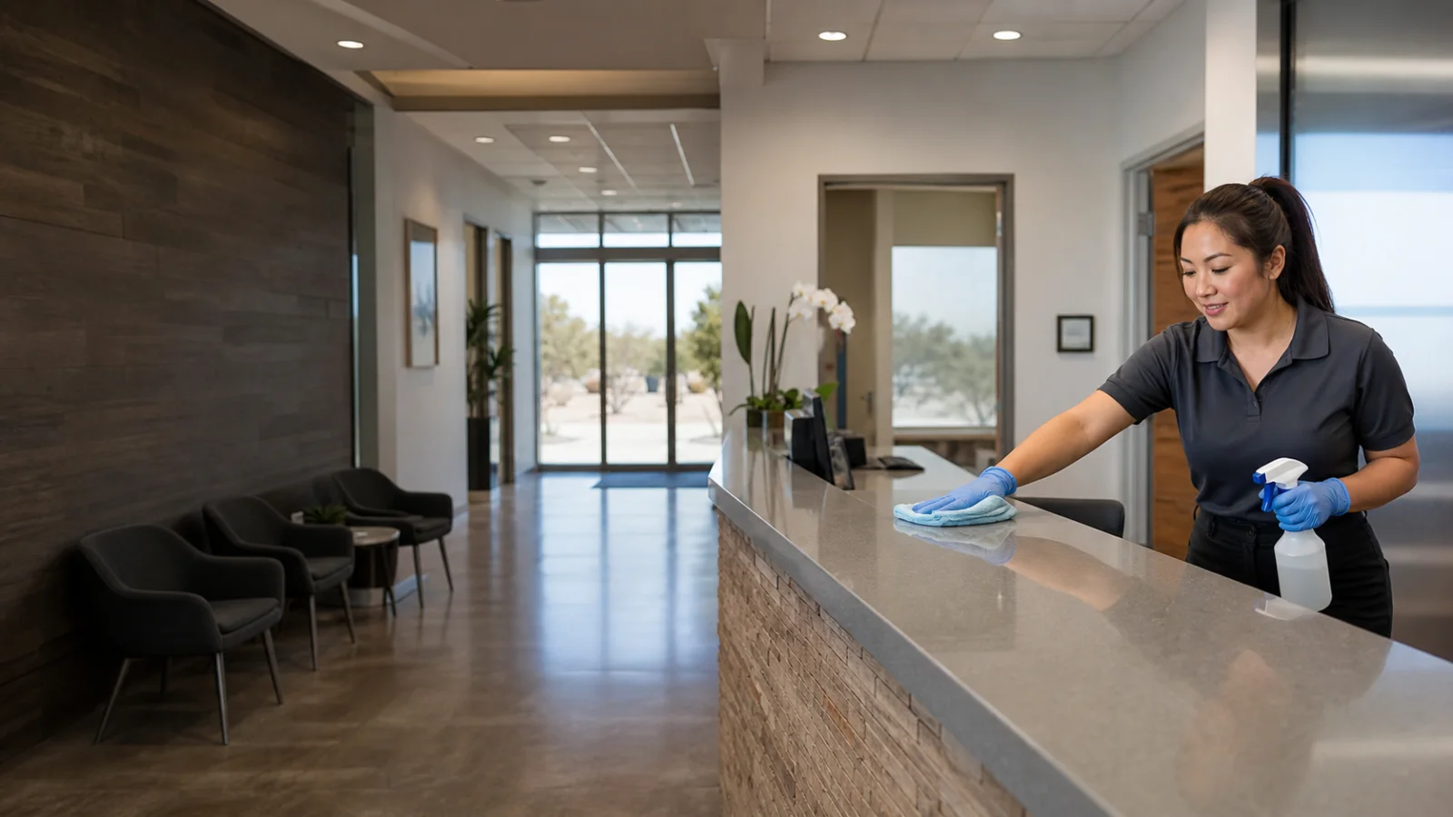 Professional cleaner maintaining a business reception area in Hesperia