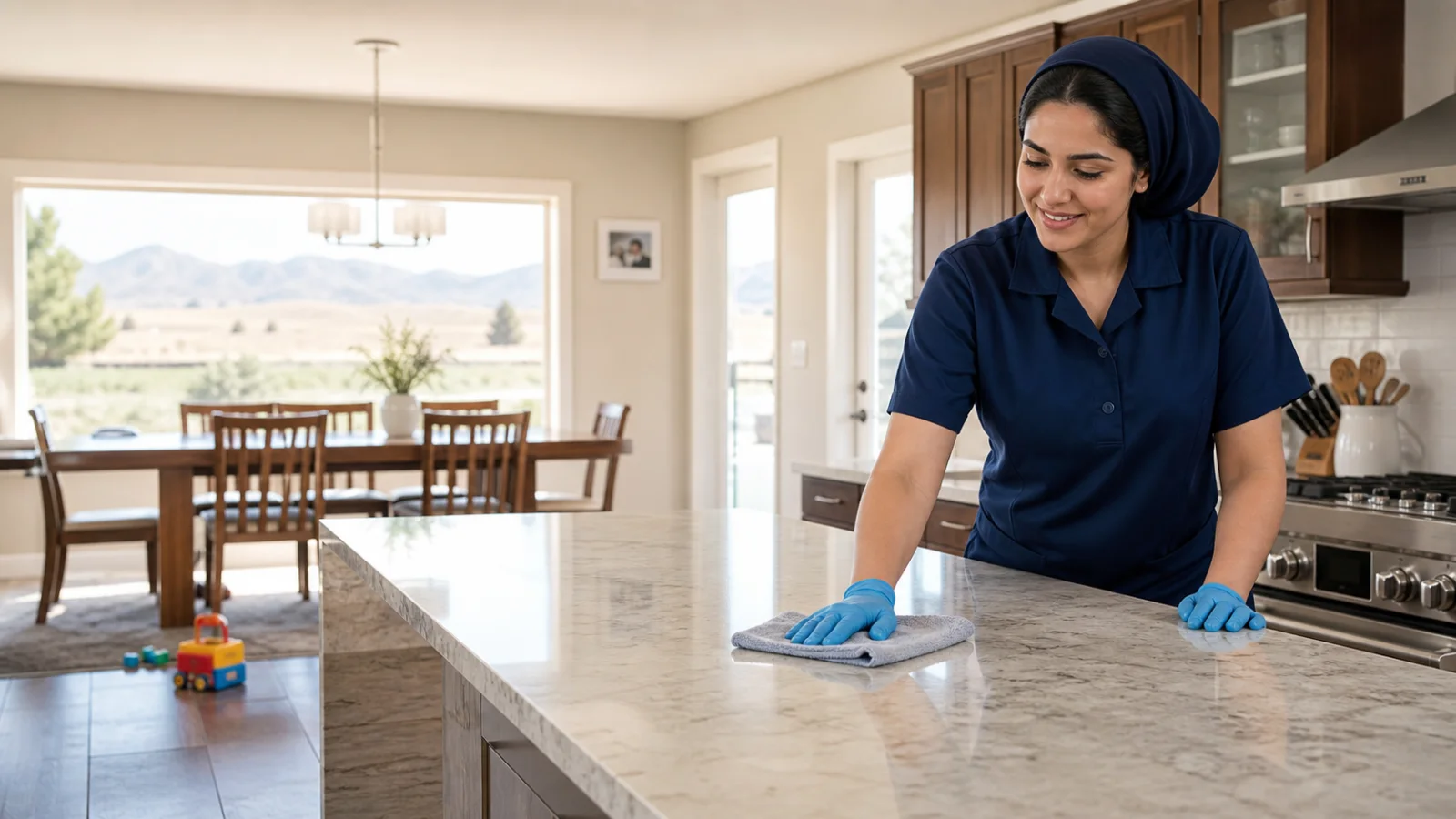 Professional cleaner caring for a family home in Phelan