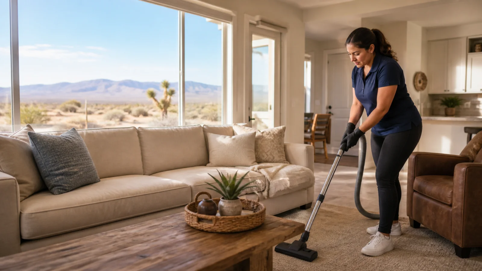 Professional cleaner caring for a furnished High Desert home in Victorville