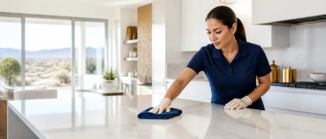 Professional cleaner actively cleaning a bright residential kitchen