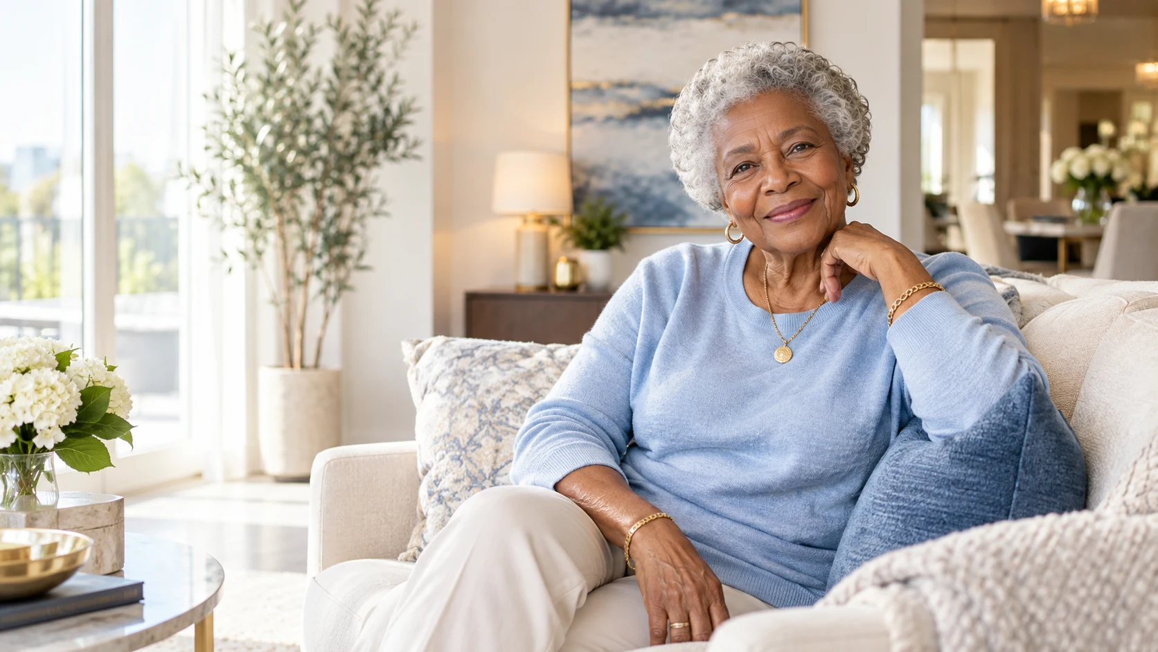 Dignified older woman smiling in a bright, comfortable home