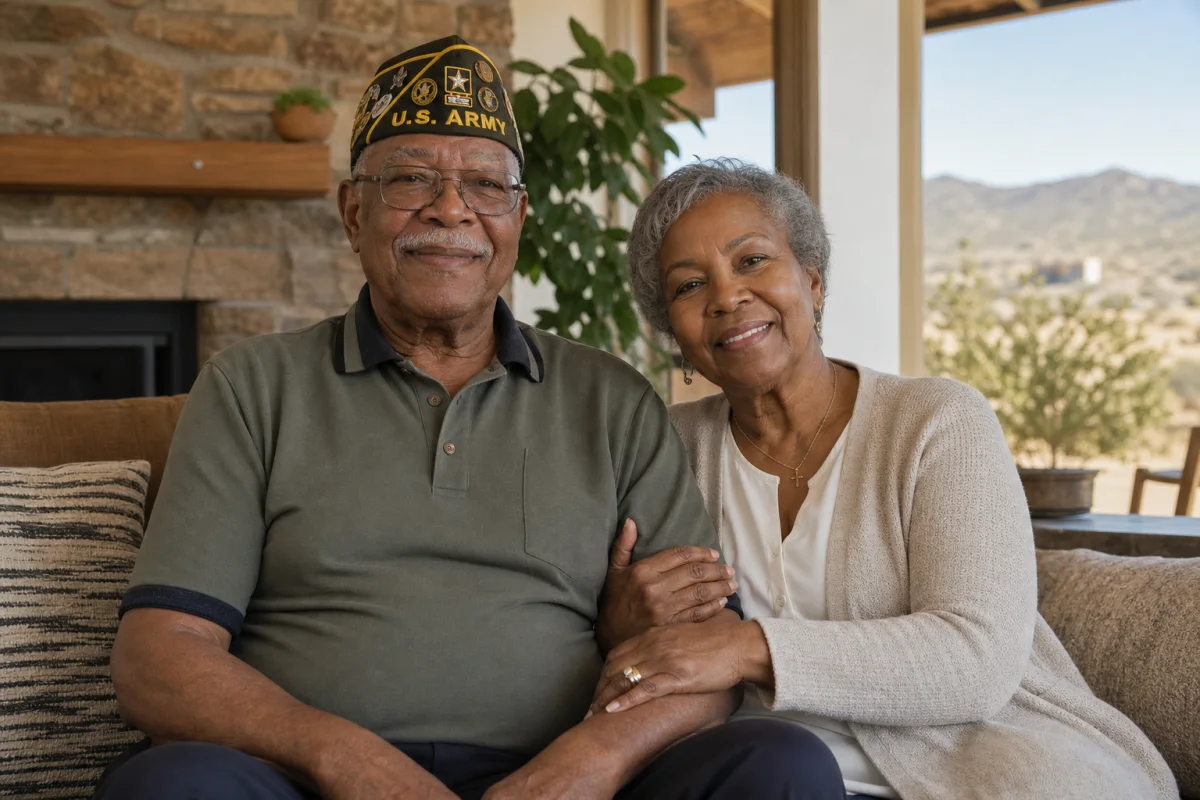 Older U.S. Army veteran at home with his supportive spouse