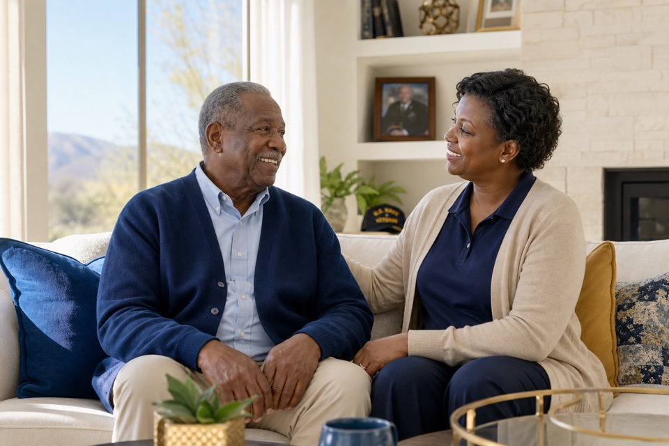 Older Navy veteran speaking with a supportive home-care professional