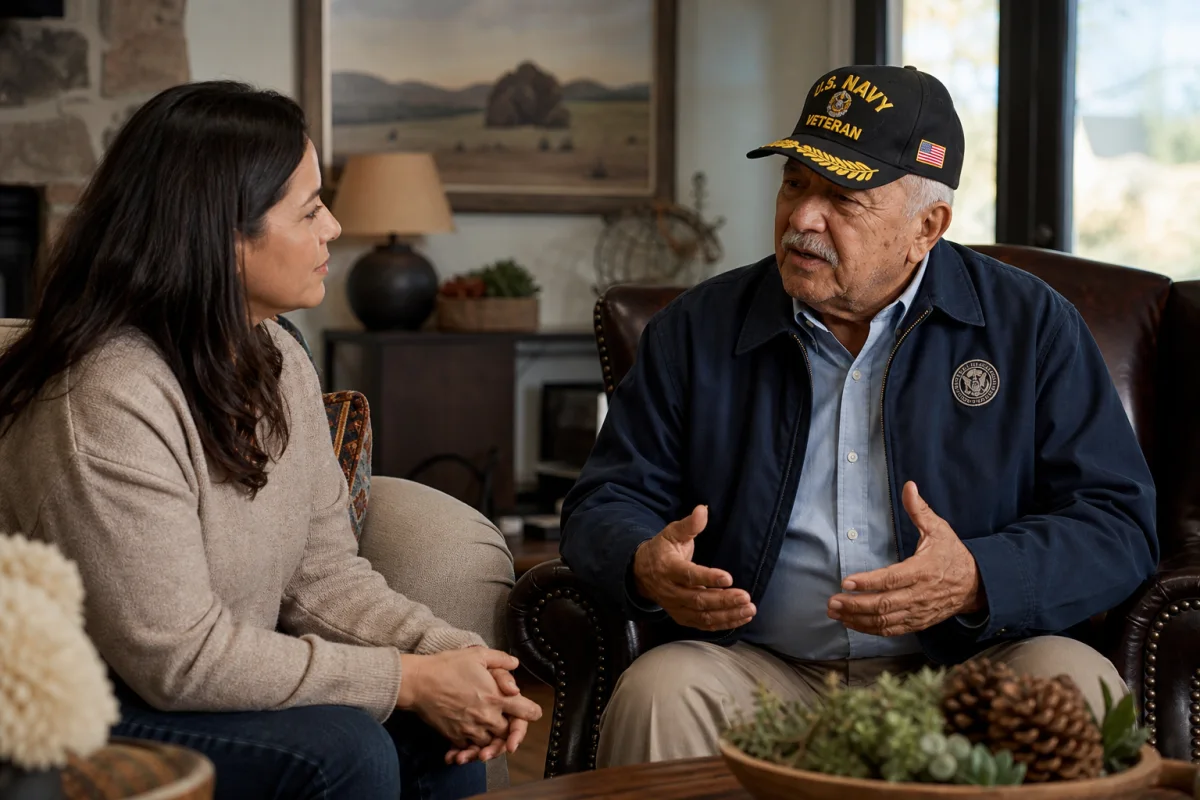 Older U.S. Navy veteran speaking with his adult family caregiver at home