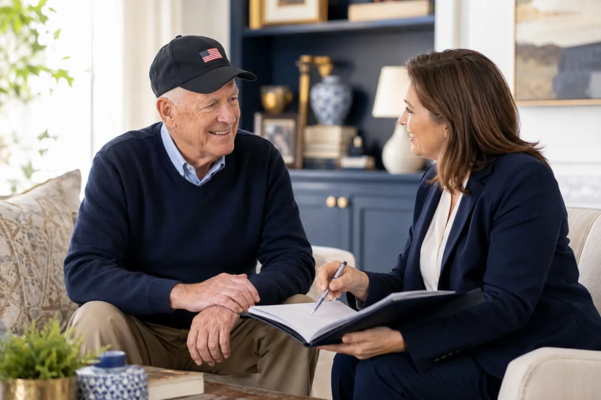 Older veteran speaking with a Royal VIP support professional about available benefits and home support options