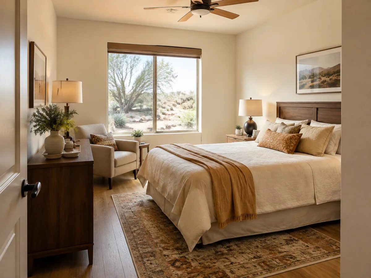 Representative furnished private bedroom in a comfortable High Desert residence