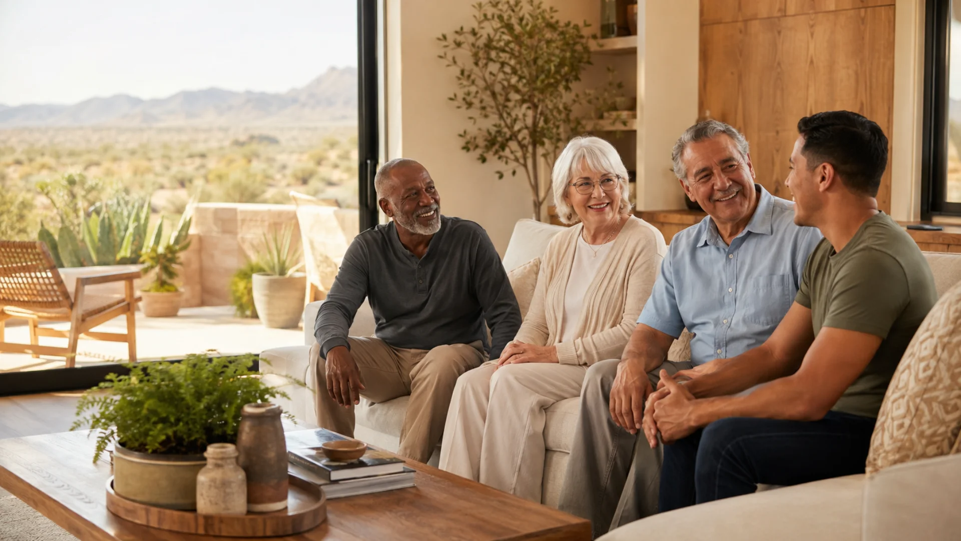 Older adults and a family member sharing conversation in a warm High Desert home